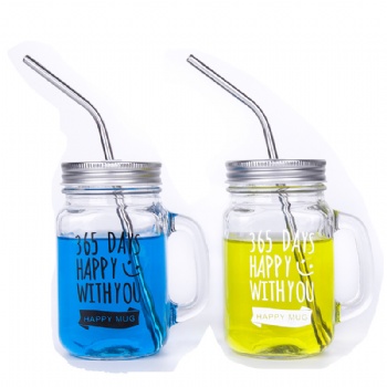 Mason Jar Mugs with Glass Handles and Metal Straws